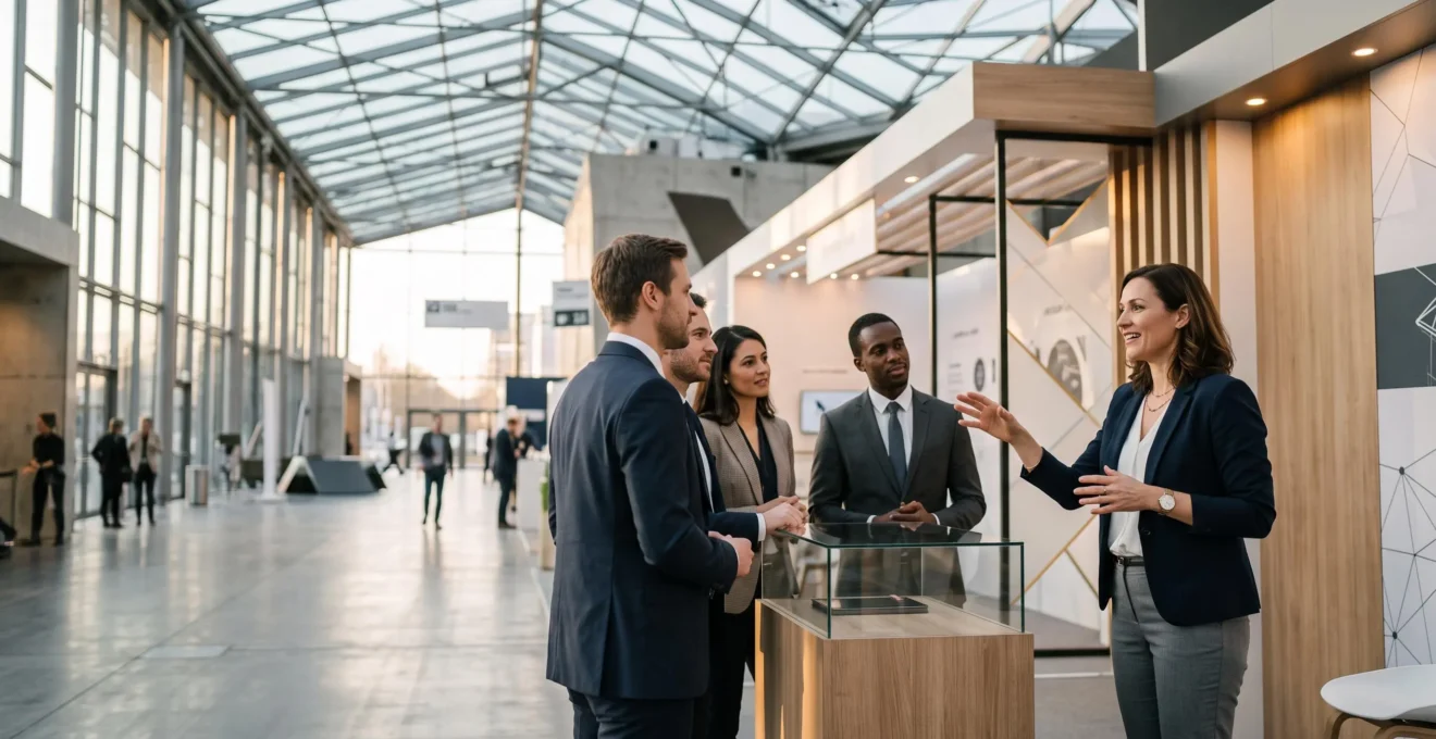 Vue d'ensemble d'un salon professionnel moderne où des visiteurs et exposants échangent devant un stand épuré, symbolisant la transformation d'un événement en opportunités commerciales