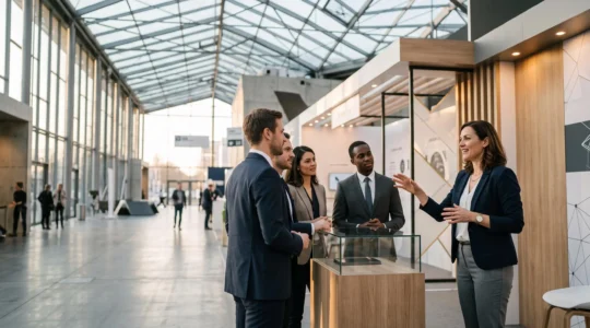 Vue d'ensemble d'un salon professionnel moderne où des visiteurs et exposants échangent devant un stand épuré, symbolisant la transformation d'un événement en opportunités commerciales