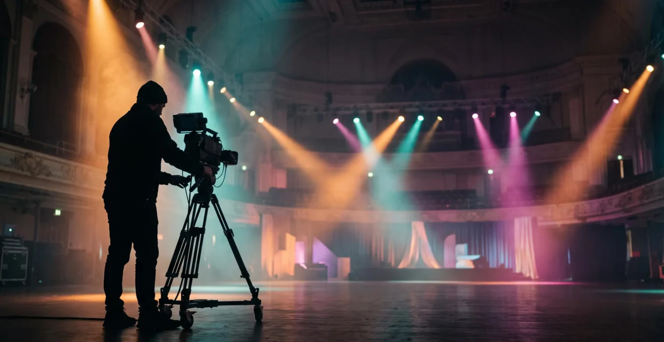 Technicien lumière ajustant un projecteur événementiel dans une grande salle traversée de faisceaux colorés