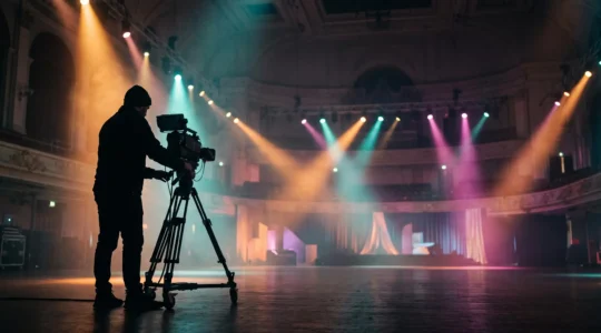 Technicien lumière ajustant un projecteur événementiel dans une grande salle traversée de faisceaux colorés
