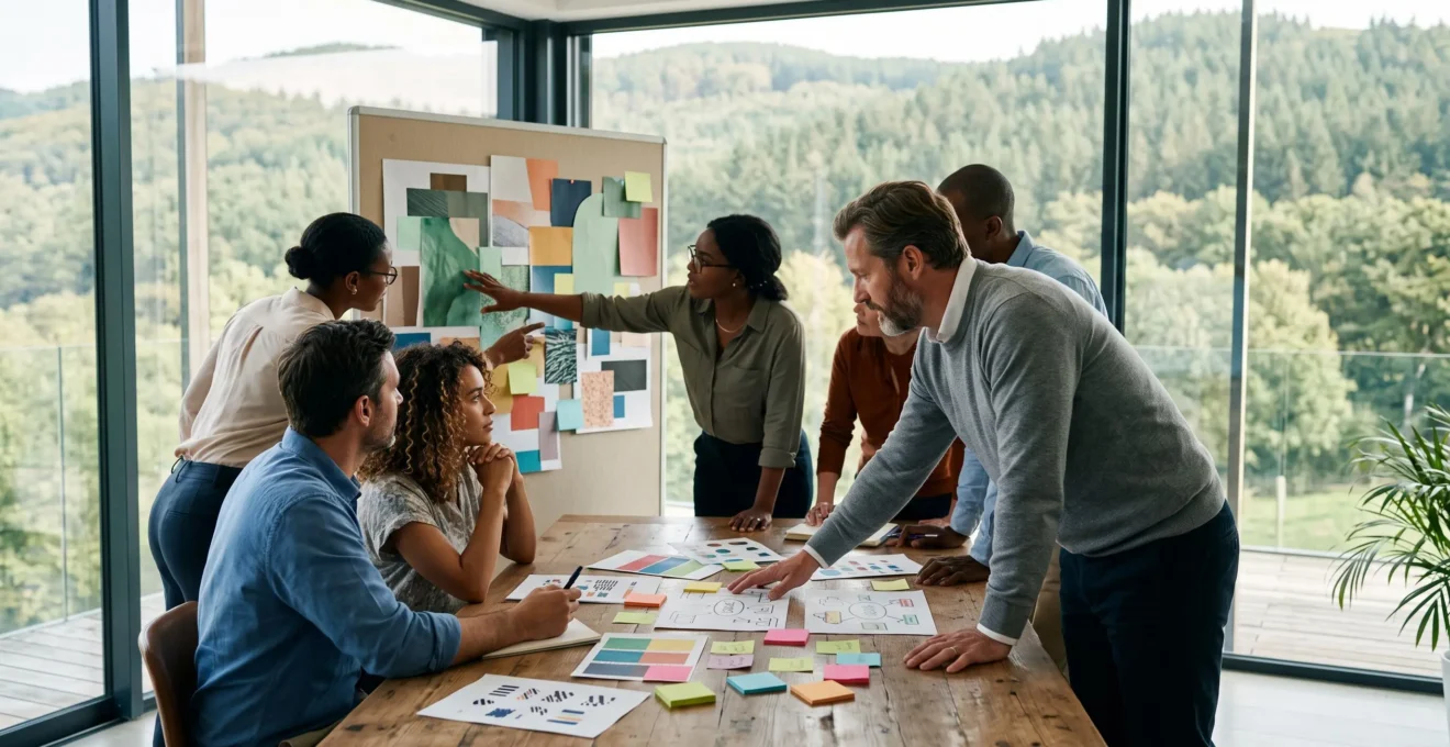 Groupe de professionnels prenant une décision collective lors d'un séminaire d'entreprise dans un lieu lumineux et atypique