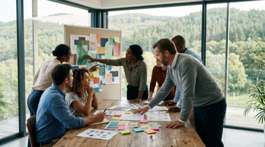 Groupe de professionnels prenant une décision collective lors d'un séminaire d'entreprise dans un lieu lumineux et atypique