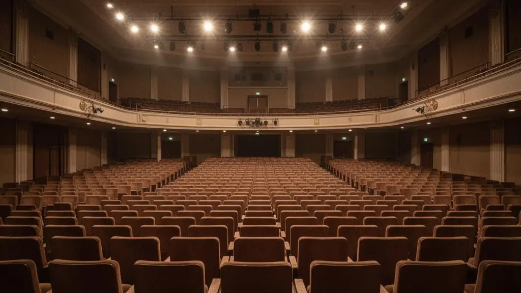 Salle de séminaire vide baignée de lumière naturelle avec une architecture en spirale symbolisant la transformation stratégique