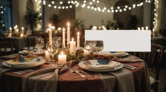 Table de soirée thématique élégamment dressée avec éclairage chaleureux évoquant un récit personnel