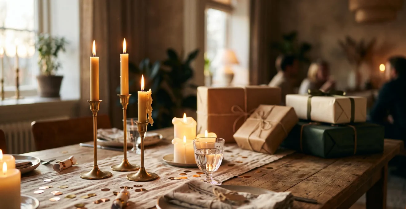 Table de fête d'anniversaire soigneusement mise en scène avec bougies et éléments festifs flous en arrière-plan, symbolisant un souvenir marquant