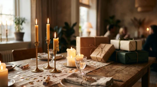 Table de fête d'anniversaire soigneusement mise en scène avec bougies et éléments festifs flous en arrière-plan, symbolisant un souvenir marquant