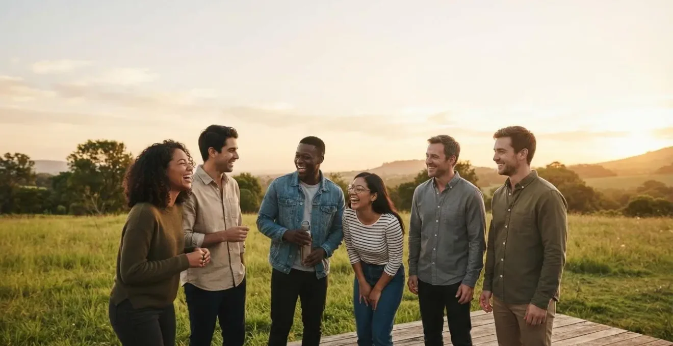 Groupe de collègues souriants partageant un moment de collaboration authentique en exterieur, symbolisant des liens durables au-dela de l'evenement