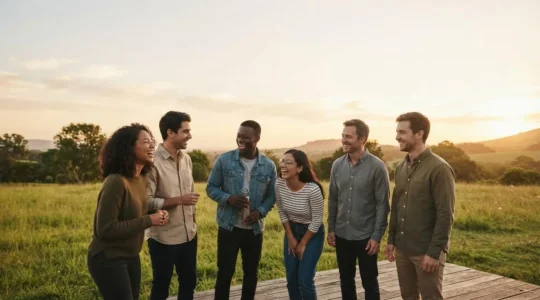 Groupe de collègues souriants partageant un moment de collaboration authentique en exterieur, symbolisant des liens durables au-dela de l'evenement