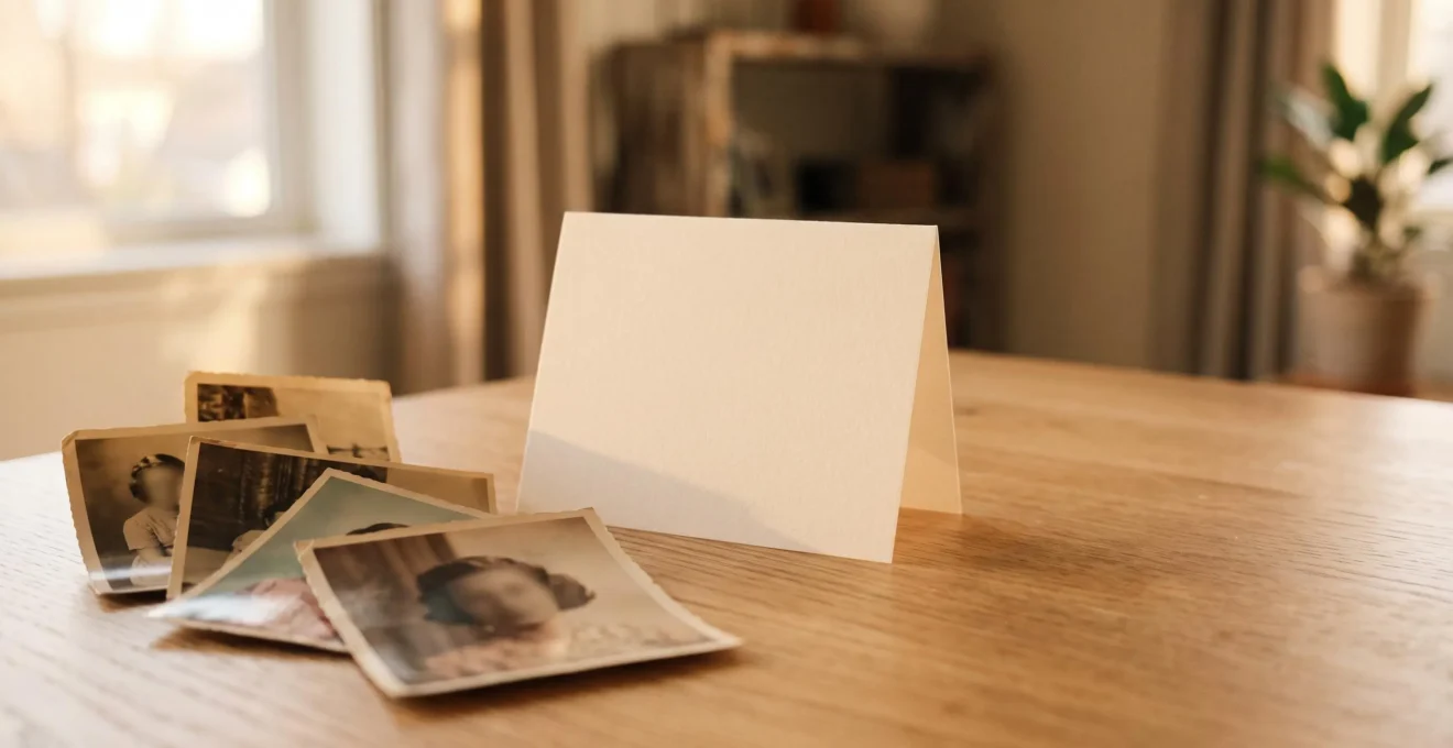 Photographies de couple disposées avec soin à côté d'une carte élégante vierge, symbolisant la transformation des souvenirs en objet personnalisé