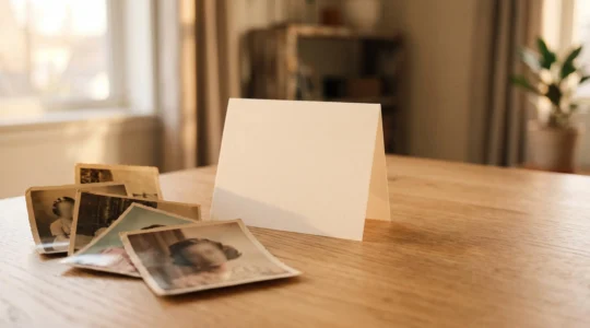 Photographies de couple disposées avec soin à côté d'une carte élégante vierge, symbolisant la transformation des souvenirs en objet personnalisé