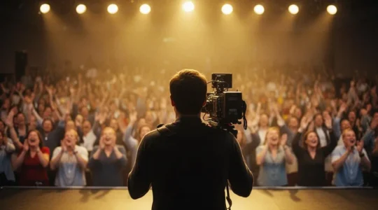 Vidéaste professionnel filmant discrètement la réaction du public lors d'un événement d'entreprise, pour prolonger l'impact de la soirée