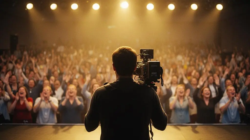 Vidéaste professionnel filmant discrètement la réaction du public lors d'un événement d'entreprise, pour prolonger l'impact de la soirée