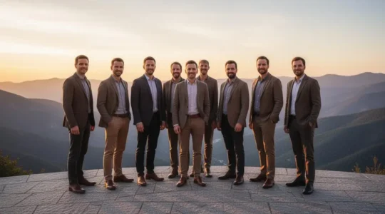 Groupe de professionnels contemplant un paysage depuis la terrasse d'un lieu d'exception, symbole d'un voyage de motivation aux effets durables sur la performance