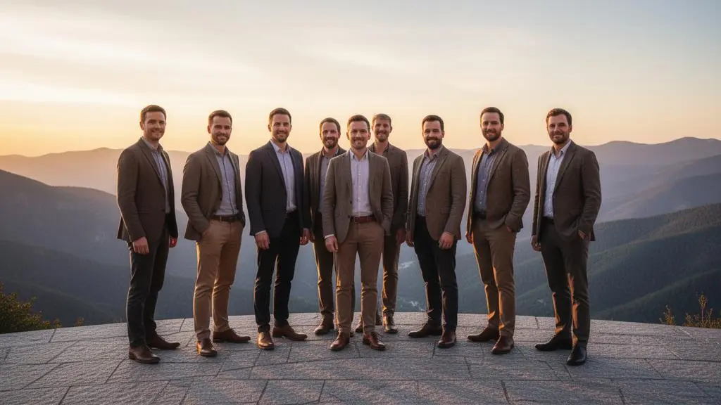 Groupe de professionnels contemplant un paysage depuis la terrasse d'un lieu d'exception, symbole d'un voyage de motivation aux effets durables sur la performance